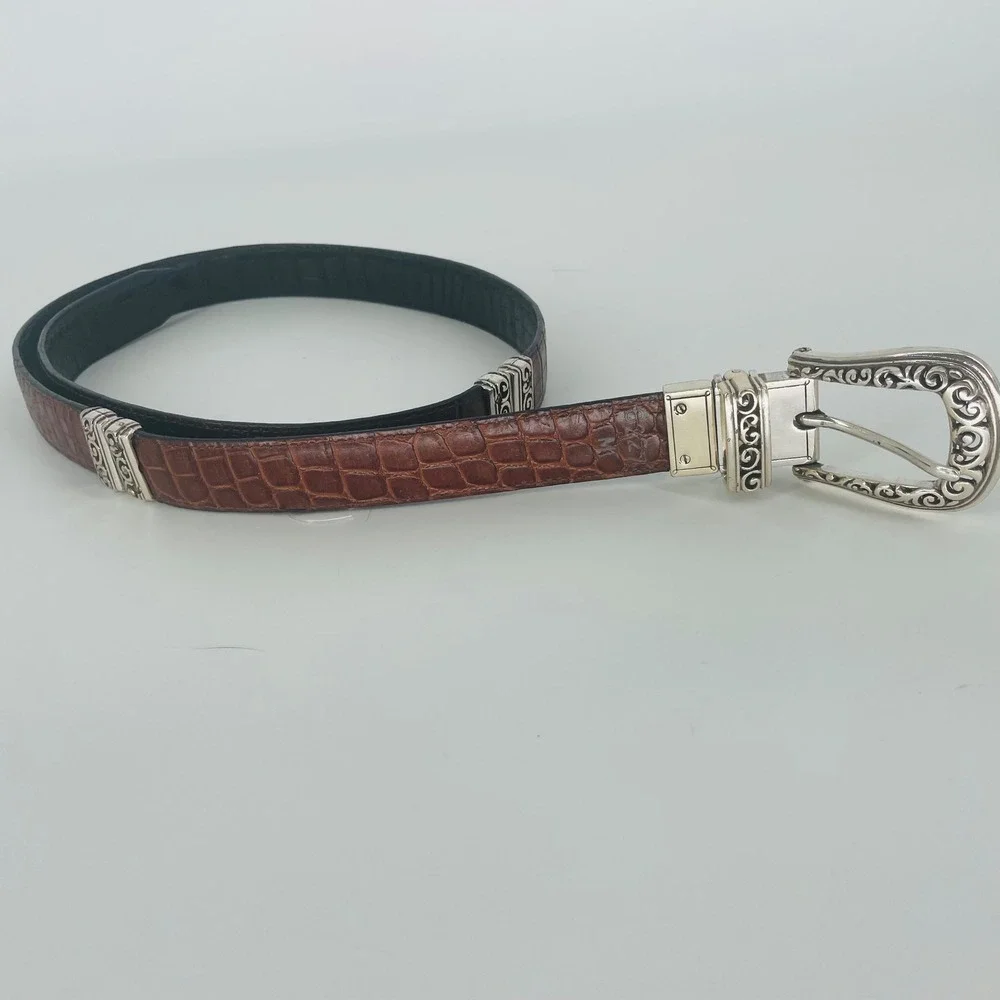 Brown Black Reversible Croc Embossed Leather Belt Ornate Silver Tone‎ Buckle